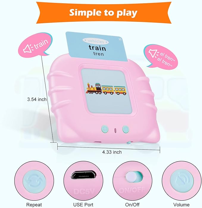 Bilingual English & Spanish Flash Cards for Toddlers, Audible Toys Learning Spanish for Kids Adults, Speech Therapy Toys, Educational Learning Talking Flash Cards 385 Sight Words-Pink