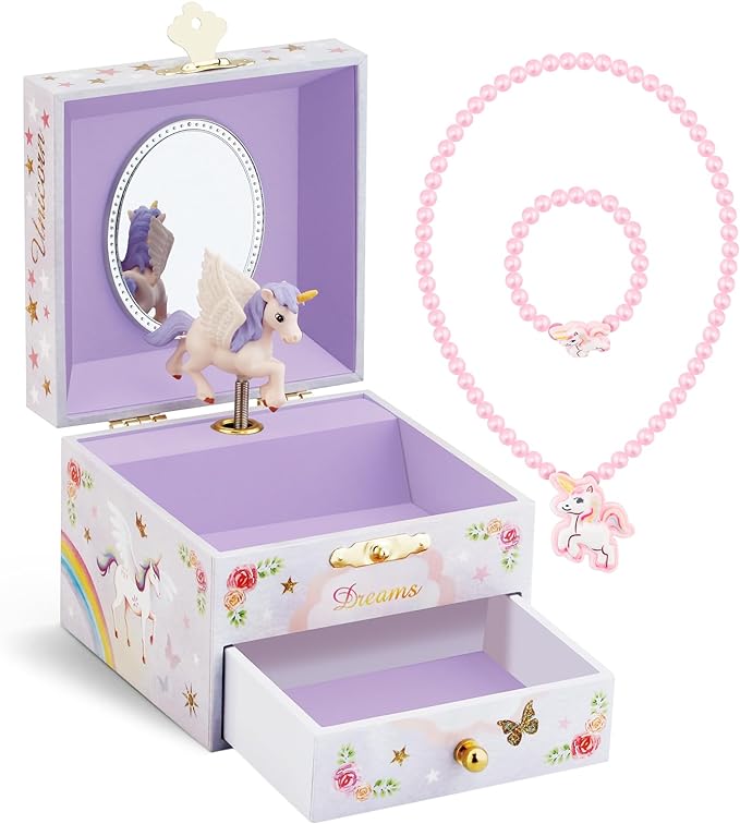 RR ROUND RICH DESIGN Kids Musical Jewelry Box for Girls with Drawer and Jewelry Set with Brave Unicorn - Beautiful Dream Tune Purple