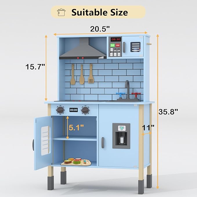 Play Kitchen for Kids, Wooden Kitchen Playset with Fruit Set, Light, Stove, Sink and Accessories, Interactive Toy Kitchen Gift for Boys Girls, Blue