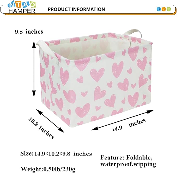 NTAOHAMPER Rectangular Pink Heart Fabric Storage Basket, Books Box, Lovely Storage Trunk, Room Decor, Gift Basket(Pink Heart)