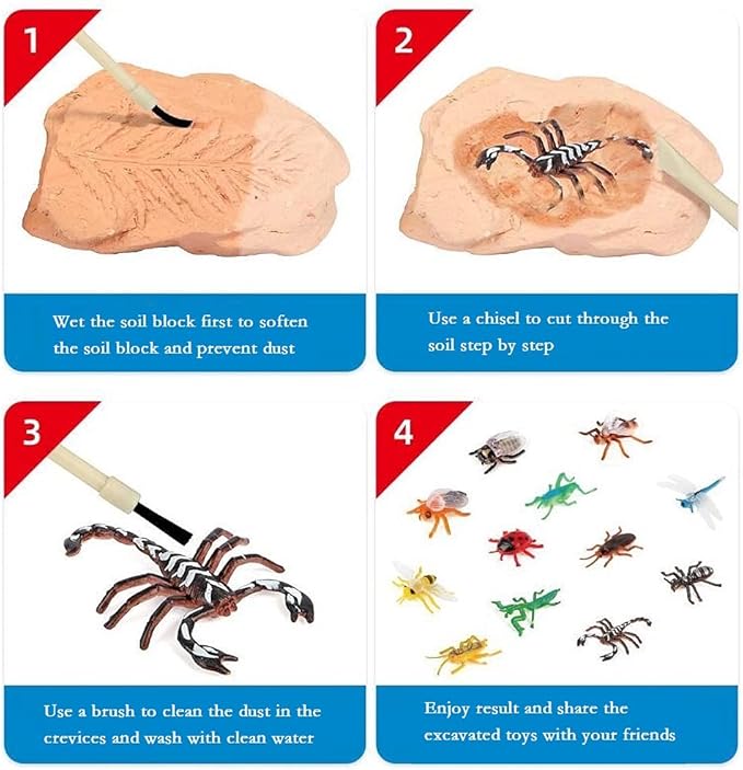 TRADE Big Bug Fossil Dig Kit - STEM Science & Educational Toys -Dig Up 12 Real Bugs Fly Ant Scorpion Lady Beetle Locust Cockroach Bumble Bee Cicada Dragonfly Cricket Praying Mantis Multicolored