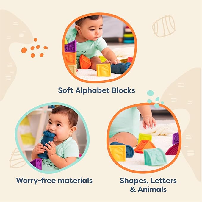 B. toys- B. baby- Elemenosqueeze- Baby Blocks- 26 Soft Sort & Stack Blocks With Alphabet – Architectural Building Blocks – Shapes, Letters & Animals – 6 Months +