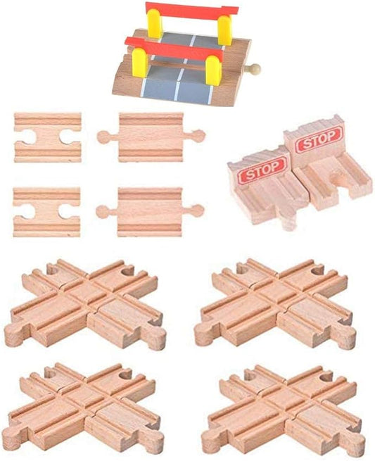 11 Pack Wooden Train Tracks Sets Toys,Male-Male Female-Female Bump Track,Crossing Bridge Train Track Toys,Cross Track and Stop Track Compatible with All Major Brands,Railroad Toy Accessories