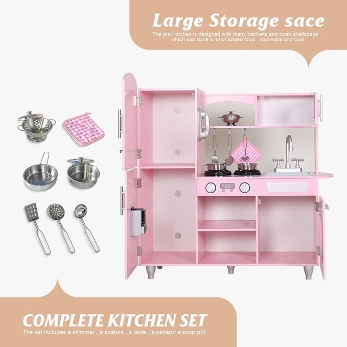 TaoHFE LED Upgrade Kitchen Set for Kids Wooden Play Kitchen LED Gas Tray with Sound Toy Kitchen Sets for Girls Gift Enjoy Cooking with Lights and Sounds Pink Kitchen for Toddlers Kids Kitchen Playset