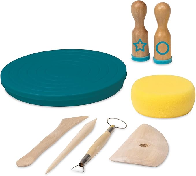 MindWare Beginner Pottery Tool Kit for Kids - 8 Piece Set Includes Hand Wheel, Sponge, Rib, Molding Tools and More
