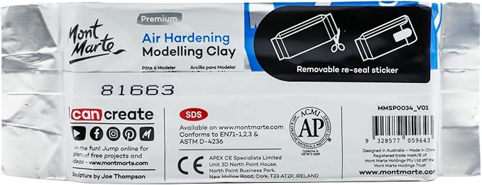 Mont Marte Grey Air Hardening Modeling Clay, 500g (1.1lb). Dries in Approximately 24 Hours. Suitable for Sculptors and Modelers of All Skill Levels.