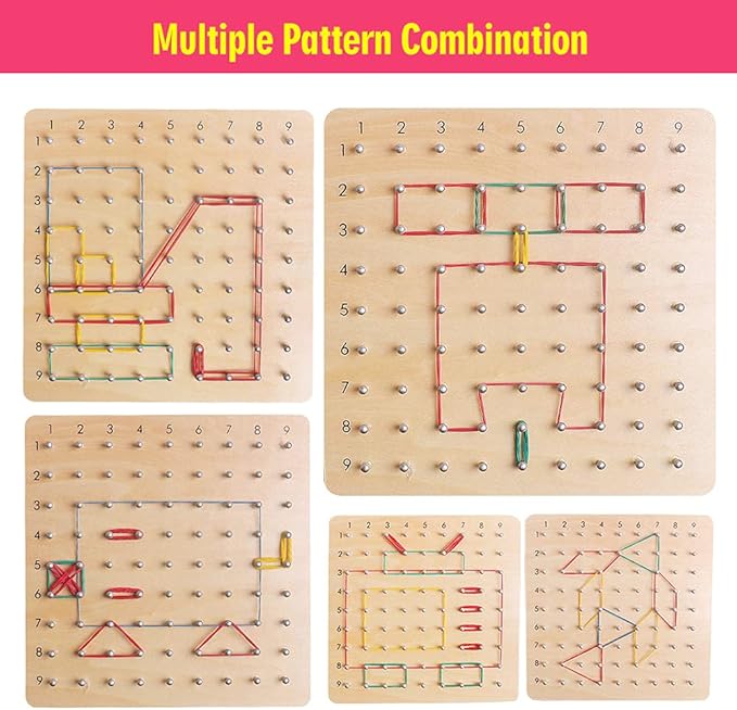Skrtuan Wooden Geoboard with Rubber Bands, Montessori Educational Toy for Kids, Pattern Block Geo Board with Pattern Cards and Rubber Bands Create to Figures Shape STEM Puzzle Matrix Brain Teaser
