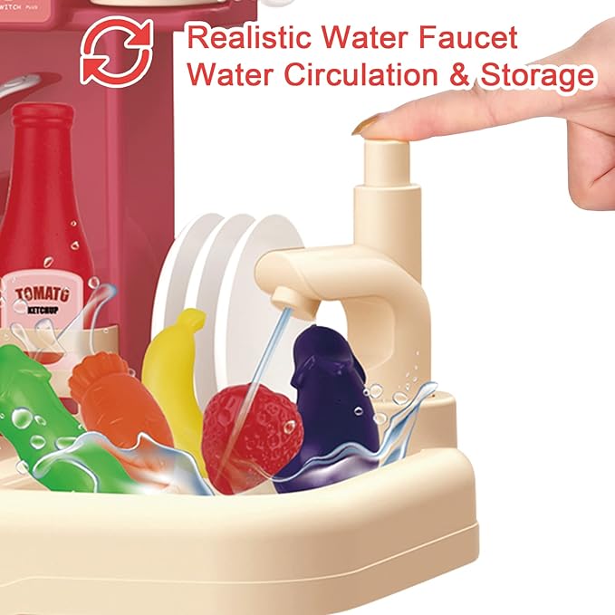 deAO Kids Kitchen Playset 35PCS Play Kitchen Toys Accessories with Sounds Lights,Cooking Stove Steam,Pretend Play for Toddler Aged 3 4 5 6 7 8 Years (Red)