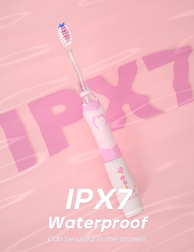 SEAGO Kids Electric Toothbrush with 2 Mins Timer and 4 Replacement Bursh Heads, Rainbow LED Light Make Brushing Fun, Pink Color Girls Battery Powerd for 4-12 Years Old,SG-977