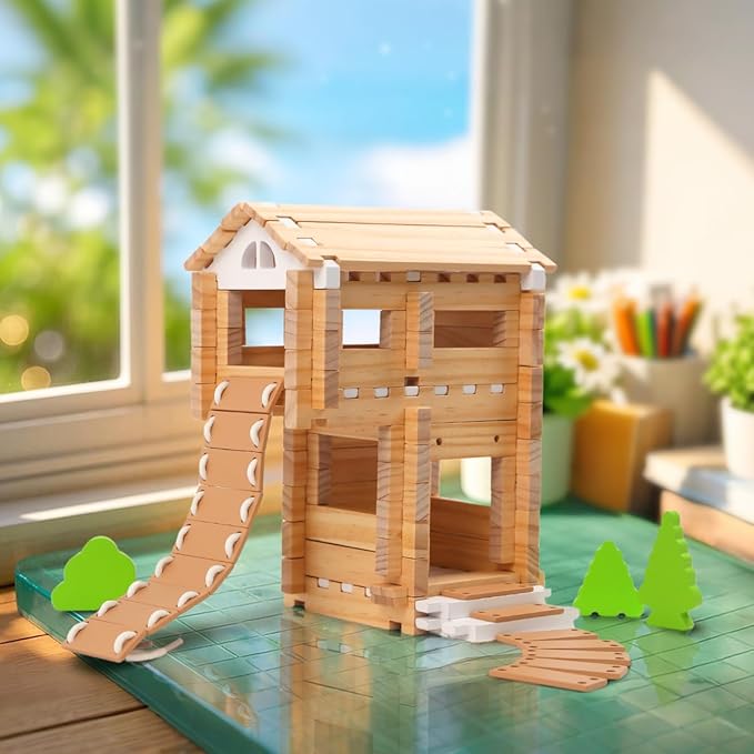 Jovi-mindly 96 PCS Wooden Blocks Wooden Toys with Storage Bag, Preschool Learning Toys Wood Blocks Building Toys for Kids Ages 4-8 Creative Construction Game,FSC Certified