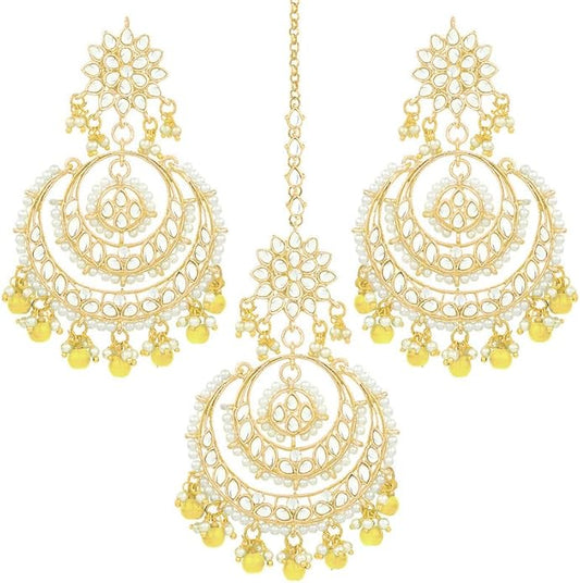 Aheli Bollywood Ethnic Chandbali Style Big Earrings Maang Tikka Set Traditional Fashion Jewelry Gift for Women