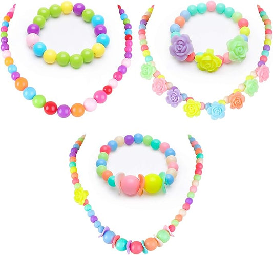 BigOtters Little Girls Necklace Bracelet, 3 Sets Lovely Colorful Beads Toddler Necklaces for Girls, Play Jewelry for Toddlers 2-4