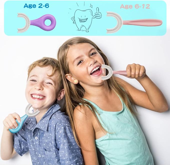 YOTEE U-Shaped Toothbrush Kids 2 PCS - Toddler Toothbrush with Food Grade Soft Silicone Brush Head, Manual Whole Mouth Toothbrush for Kids Age 2-6(Purple+Yellow), 360° Oral Teeth Cleaning