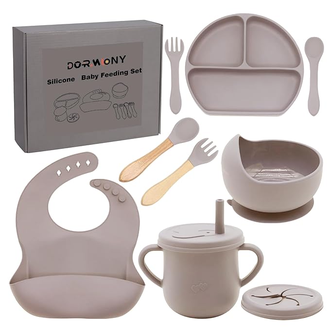 100% Silicone baby feeding set,BPA free Baby dishes set with Suction Bowl Divided Plate,Toddler Self Feeding Dish Set with Spoons Forks Sippy Cup And Bib, Baby Eating Utensils (Beige)
