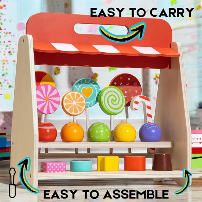 Wooden Candies and Lollypops Food Toy with Stand, Educational Toys for 2-7 Years Old Girls and Boys, Dessert Play Food Set for Toddlers, Sweets Pretend Play Kitchen, Color and Shape Recognition