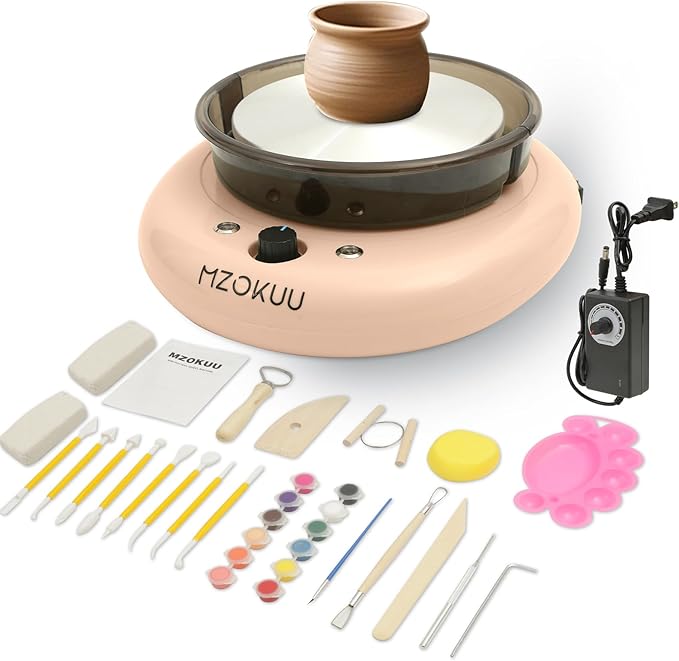 MZOKUU Mini Pottery Wheel Machine for Kids and Beginners, Adjustable Speed, Complete Pottery Kits with Air Dry Clay, Sculpting Tools, Art & Crafts Kits for Home DIY (Pink)