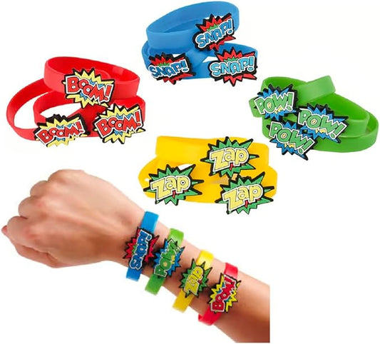 Superhero Stretchy Rubber Bracelets (48 Pack) (6") Colorful Wristbands with Comic Super Hero Action Sayings Snap! Pow! Boom! Zap. Great for Birthday, Party Favors (Superhero Bracelets, 48)