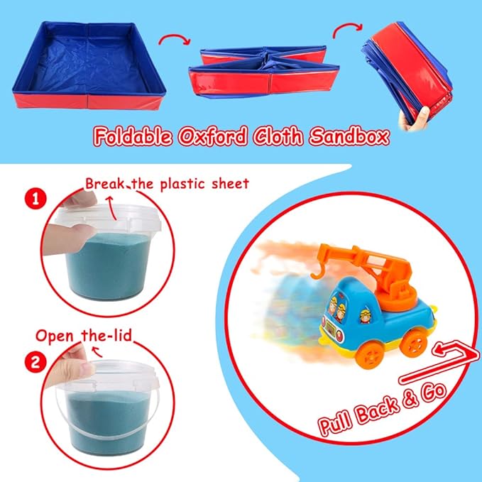 ESSENSON Play Construction Sand Kit - 3lbs Sand with 2 Colors, 6 Mini Construction Trucks, Construction Toys and Signs, Animal Mold, Modeling Tools, Foldable Sandbox, Gifts for Boys Girls