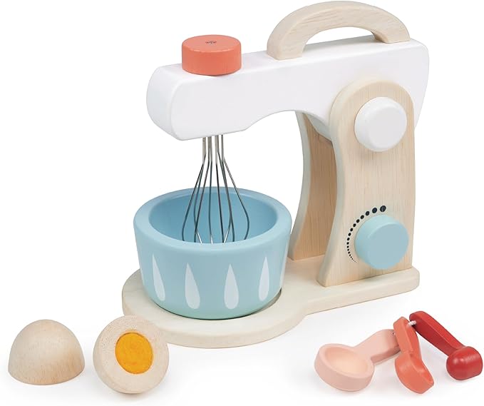 Mentari Toys - Cake Mixer - 7pc Wooden Baking Play Set - Pretend Play Kitchen Accessory with Bowl, Rotating Whisk, Egg and Measuring Spoons - Encourages Role Play and Fine Motor Skills - Age 3+