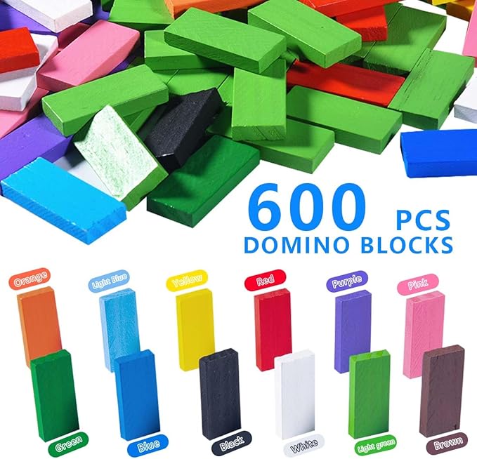 OBTANIM 600 Pcs Colorful Wooden Domino Blocks Set Domino Tile Bulk Building Racing Stacking Games Educational Toys for Kids Birthday Party Favor