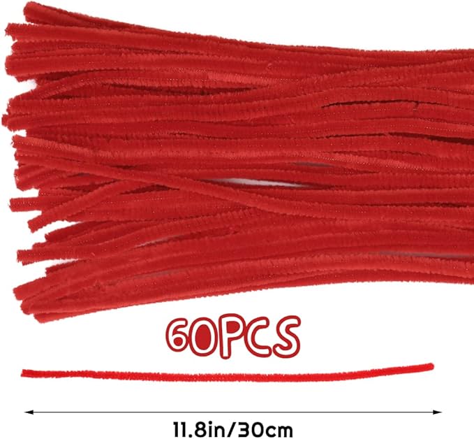 60 Red Pipe Cleaners, Chenille Stem Craft Supplies for Home Decoration & Arts Projects