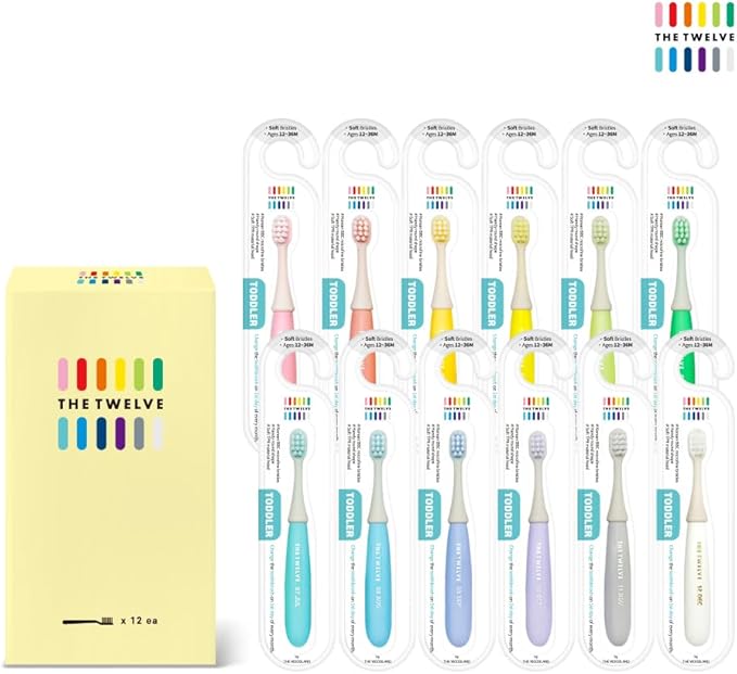 The Twelve Step2 Toddler Toothbrush Pastel – (Monthly Replacement Reminder), (Korean BBC Bristles), (12 Fun Rainbow Colors), Soft Tooth Brush for Ages 1-3, 12-Pack