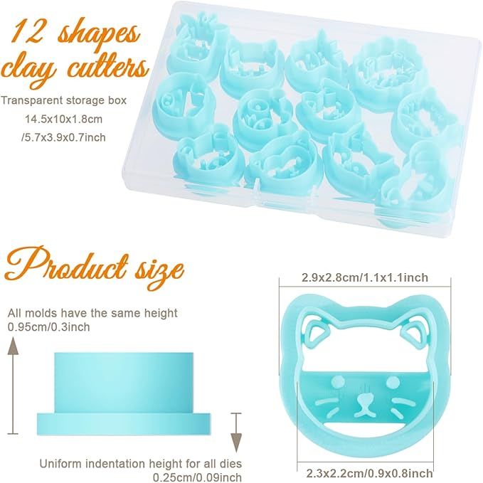 ORIGACH 12 Style Cute Animal Clay Cutters, Animal Studs Polymer Clay Cutters Set Cat Bear Pig Cow Clay Cutters for Earring Making Small Animal Face Studs Clay Cutters for Jewelry Making