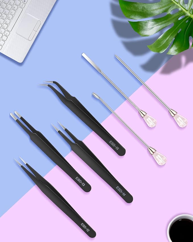11 Pcs Resin Spoon Tools Kit-Metal Stir Sticks Resin Spoons Poke Needle with Anti-Static Stainless Steel Precision Tweezers Set for Resin Crafts,Jewelry Making,DIY Epoxy Silicone Resin Molds(Pink)