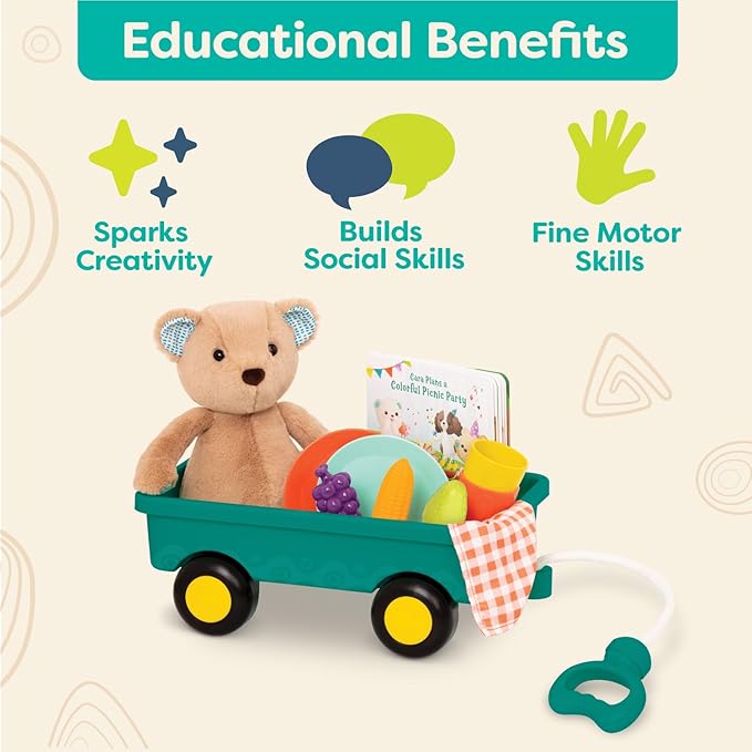 B. Toys- Happyhues - Cara-Mellow Bear Playset- Plush Bear with Picnic Play Set-Board Book – Wagon & Play Food – 18 Months +