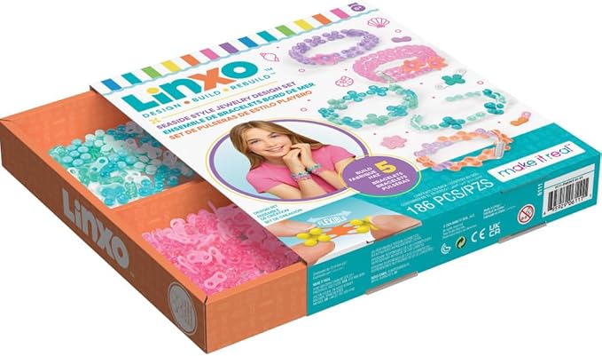 Make It Real: LinXo Seaside Jewelry Design Set - 186pcs, DIY 5 Flexible Bracelets, Design-Build-Rebuild, Craft Activity Kit, Girls & Kids Ages 6+