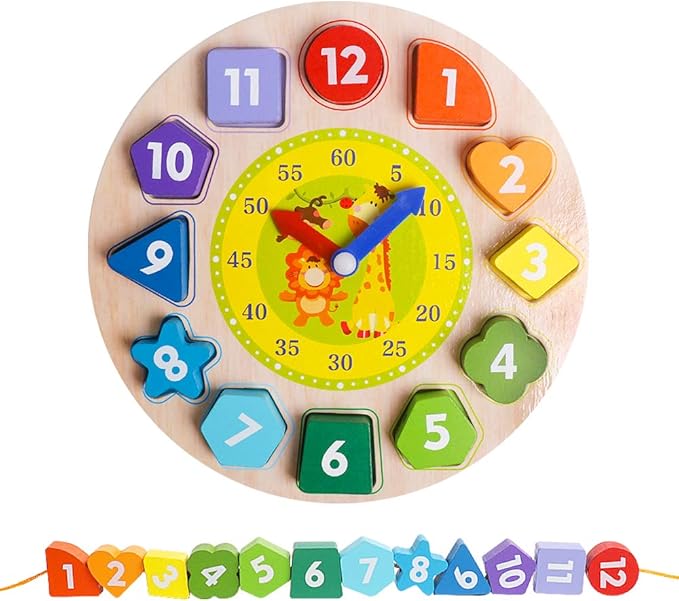Skrtuan Wooden Shape Color Sorting Clock- Teaching Time Number Blocks Clock Shape Patterns Sorting and Animal Puzzle Montessori Early Learning Educational Toy Gift for 1 2 3 Year Old Toddler Baby Kids