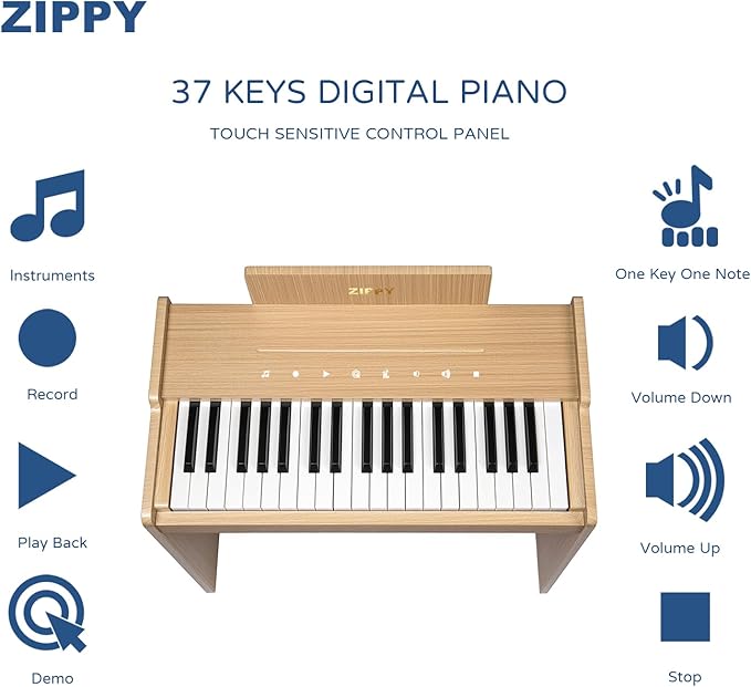 ZIPPY Kids Piano Keyboard, 37 Keys Digital Piano for Kids, Touch Sensitive Control Panel, Built-in Songs, Volume Adjustable, Music Educational Instrument, Wood Piano for 3+ Girls and Boys, Oak Plus