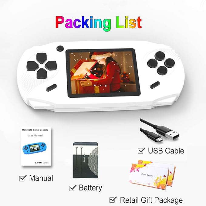16 Bit Handheld Games for Kids Adults 3.0'' Large Screen Preloaded 100 HD Classic Retro Video Games USB Rechargeable Seniors Electronic Game Player Birthday Xmas Present (White)