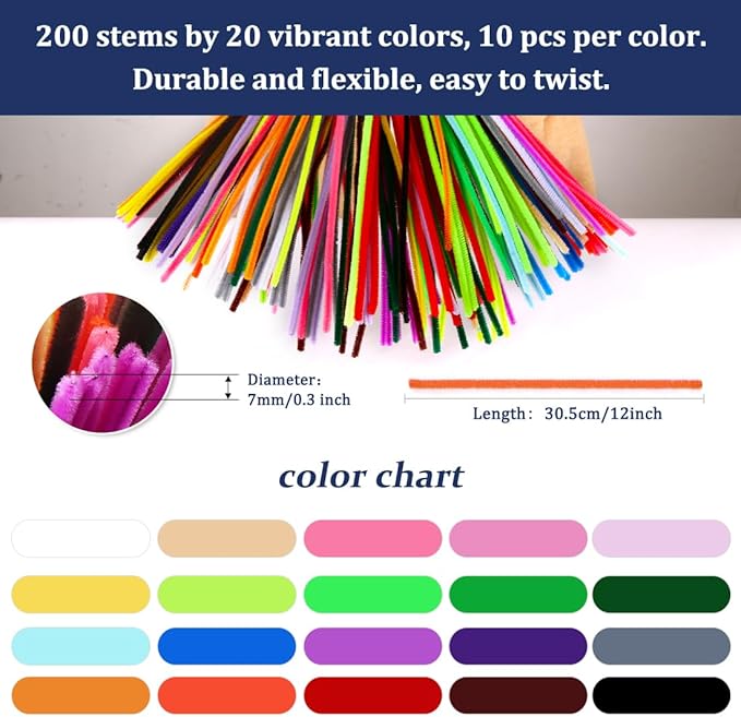 1000 Value Pack Craft Pipe Cleaners 20 Colors (Multi-Colored Chenille)…