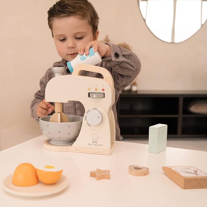 New Classic Toys Wooden Mixer Set Pretend Play Toy for Kids Cooking Simulation Educational Toys and Color Perception Toy for Preschool Age Toddlers Boys Girls , Red,White