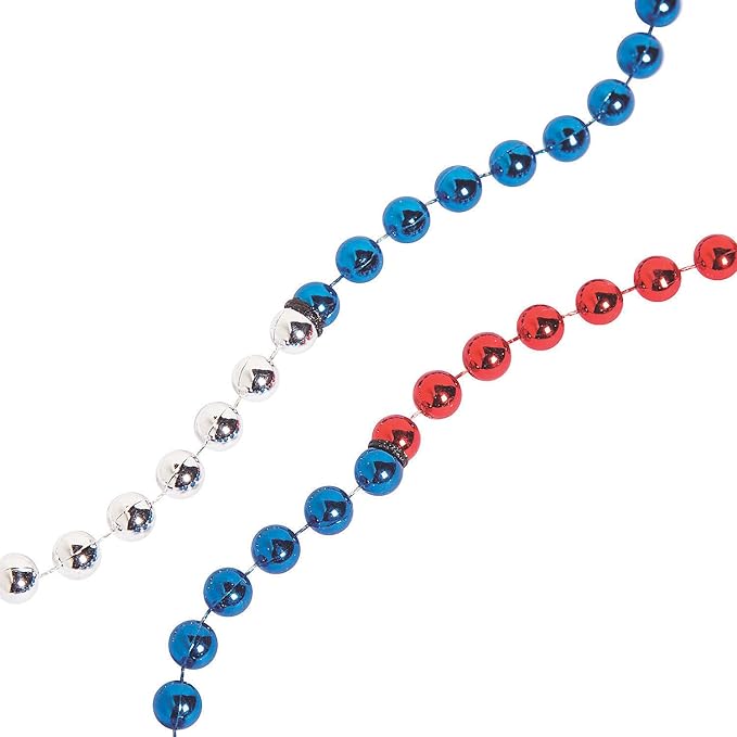 Fun Express - TrI-Color Patriotic Beaded Necklaces for Fourth of July - Jewelry - Mardi Gras Beads - Mot Round - Fourth of July - 48 Pieces