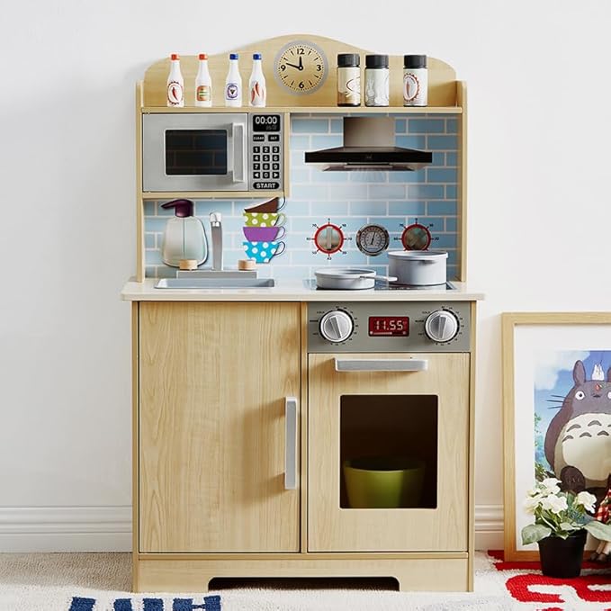 Play Kitchen for Kids, Wooden Toddlers Toy Kitchen Playset, Kitchen Cooking Set with Plenty of Play Features, Kitchen Pretend Play Set, Toys Kitchen with 13 Pcs Toy, Gift for Girls and Boys Ages 3+