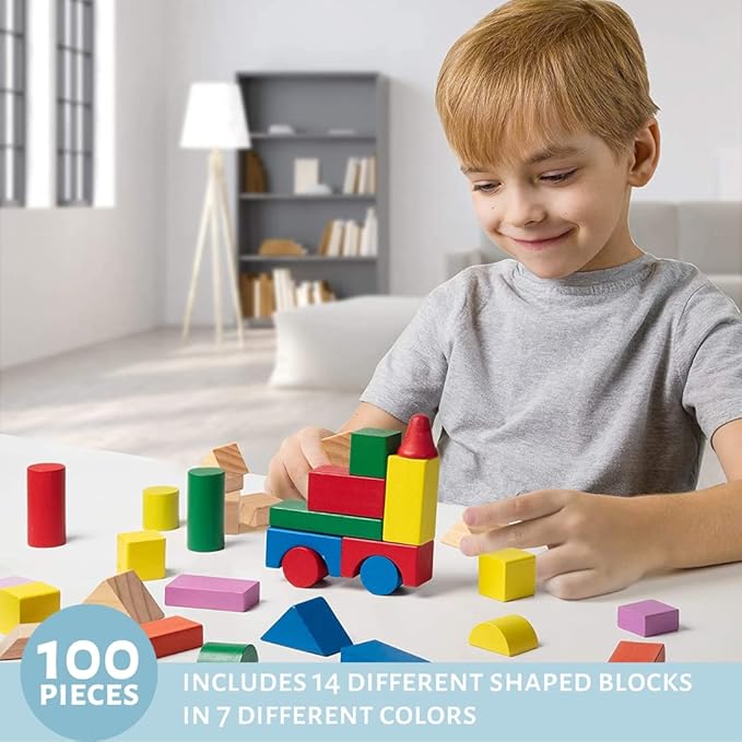Wooden Blocks - 100 Pc Wood Building Block Set with Carrying Bag (Rainbow Colored)- 100% Real Wood in 7 Colors and 14 Shapes - Stack, Build and Store- Fun Gift, Back to School Project