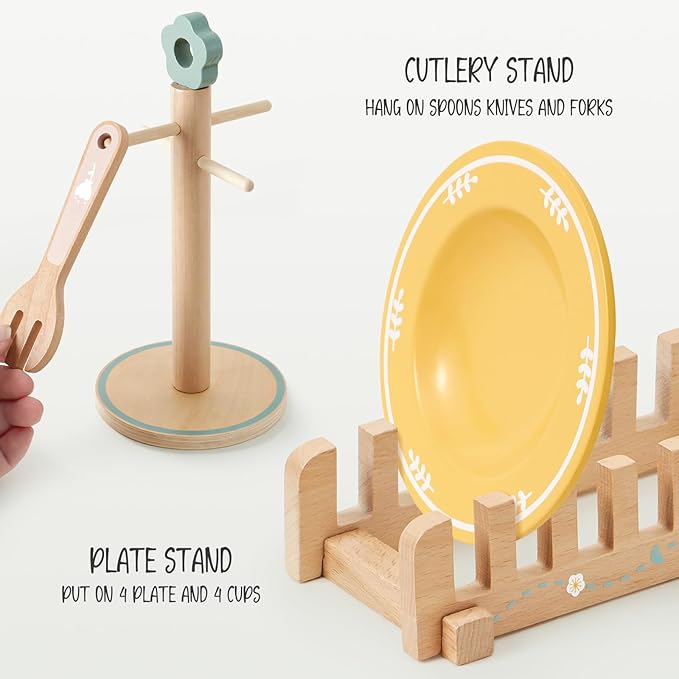 Toyssa Wooden Play Kitchen Accessories Montessori Toys for Toddlers 3-5, Play Dishes for Kids Kitchen with Realistic Dishes & Plates & Tableware, Christmas Birthday Gifts for 3 4 5 6 Years Girls Boys