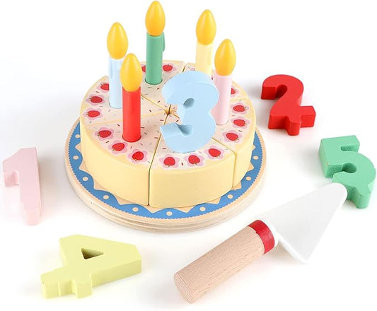 Wooden Cutting Birthday Cake Toys,Birthday Fake Cake Toy with Candles and Numbers, Pretend Play Food Set ,Montessori Tea Party Toys Learning Kitchen Toys for Boys Girls 1-6 Years