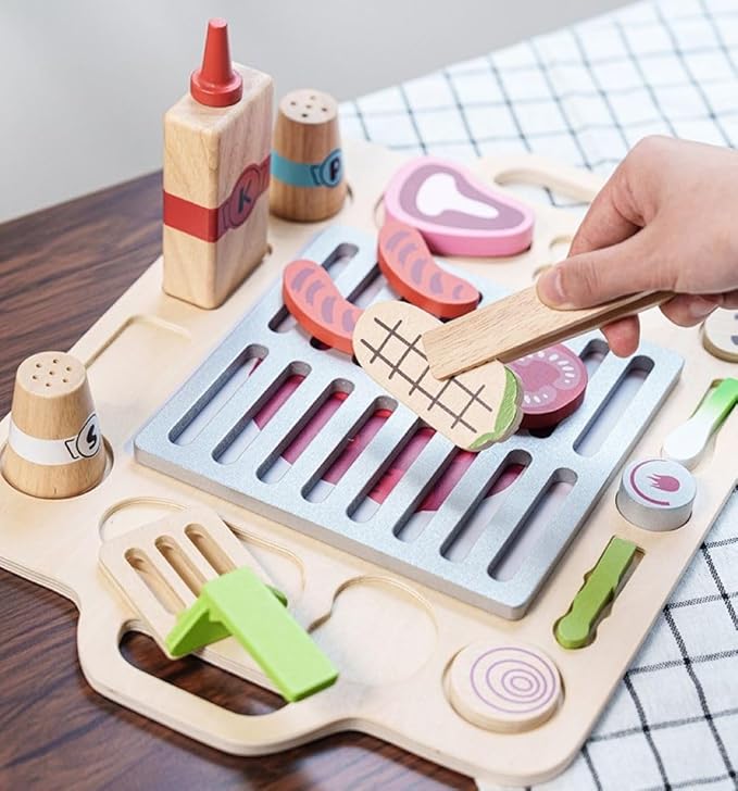 Wooden Kitchen Sets for Kids,Pretend Cooking Food Playset-BBQ Grill Toy with Food & Kitchen Toy Accessories,Wooden Play Food Barbecue Toys for 3 4 5 6 Year Old Boys&Girls,Pretend Playset for Kids 3-5