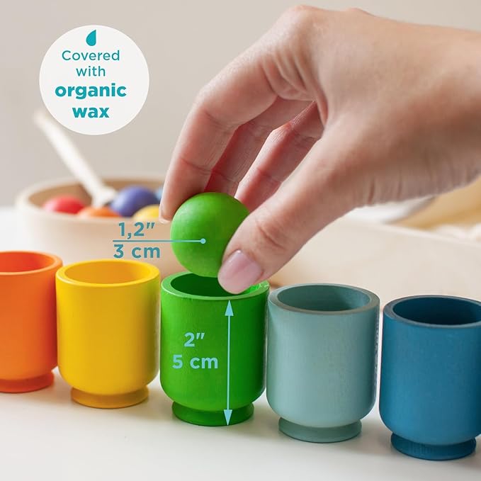 Ulanik Rainbow Balls in Cups Toddler Montessori Toys for 1+ Year Old Kids Wooden Matching Game for Learning Color Sorting and Counting — 7 Balls, 1.18 in