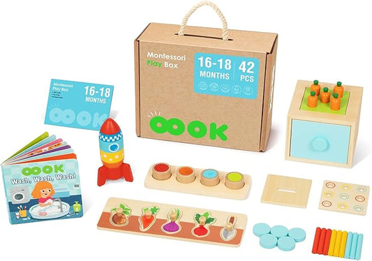 Montessori Educational Toys for 1 Year Old, 6 in 1 Learning Toys Set for Toddlers Wooden Toy Present (3-in-1 Edutational Box, Stacking Roctet Ship, Touch & Match Board, Picture Book and More)