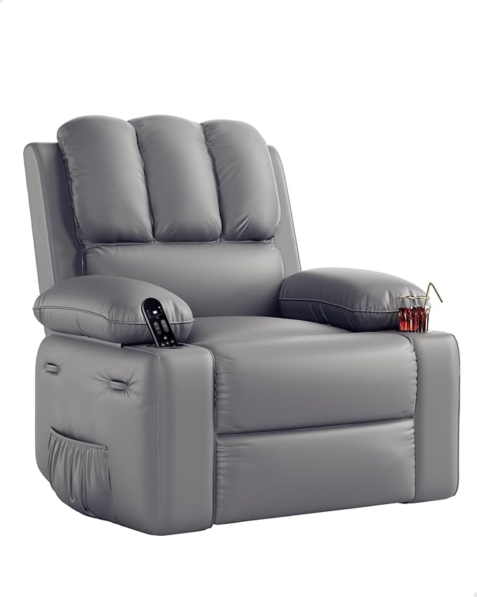 22'' Leather Recliner Chair for Adults, Overstuffed Manual Recliner Chair, Single Sofa with Cup Holder and Side Pockets, Upholstered Chair for Living Rooms, Gray