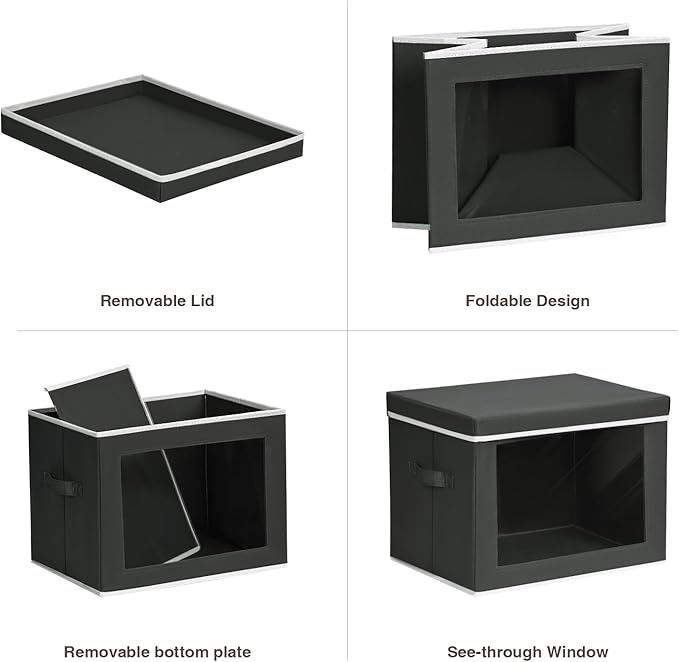 Homsorout Stackable Storage Bins with Lids - Medium Storage Box with Lids, Foldable Closet Boxes for Organizing, Wardrobe Clothes Organizer with Window, Cubes Bins for Living Room, 5 Pack, Black