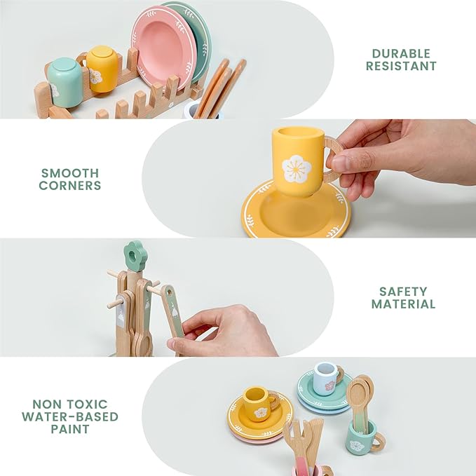 Wooden Play Kitchen Accessories Toys for Toddlers 3+, 22 PCS Kids Play Kitchen with Cute Cutlery Rack&Dish Rack,Play Dishes for Kids Kitchen,Montessori Pretend Birthday Gifts for Girls Boys