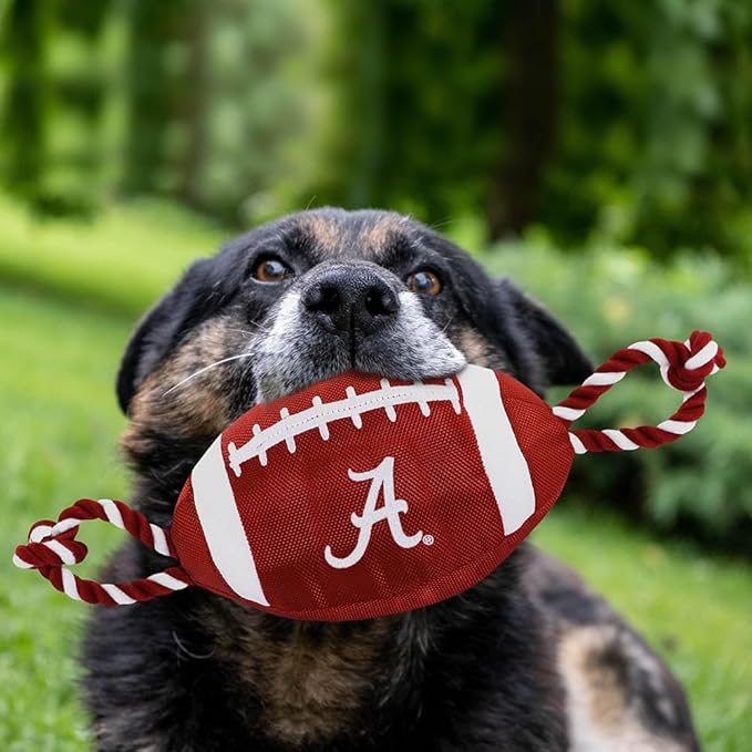 Pets First NCAA Alabama Crimson Tide Football Dog Toy, Tough Quality Nylon Materials, Strong Pull Ropes, Inner Squeaker, Collegiate Team Color