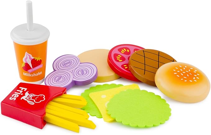 New Classic Toys Wooden Pretend Play Toy for Kids Fast Food Set Cooking Simulation Educational Toys and Color Perception Toy for Preschool Age Toddlers Boys Girls,Multi-Colour Colour