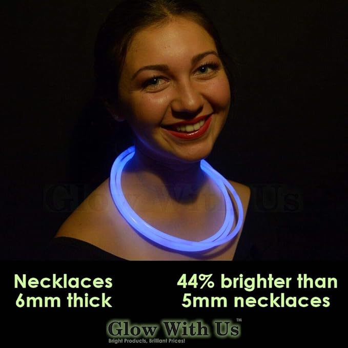Glow Sticks Bulk Wholesale Necklaces, 600 22” Blue Glow Stick Necklaces, Bright Color, Glow 8-12 Hrs, Connector Pre-Attached, Sturdy Packaging, GlowWithUs Brand