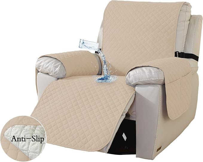Waterproof Recliner Chair Cover,Non-Slip Covers for Recliner Chair with Pocket,Washable Slipcover Furniture Protector with Elastic Straps for Kids,Dogs,Pets,Beige